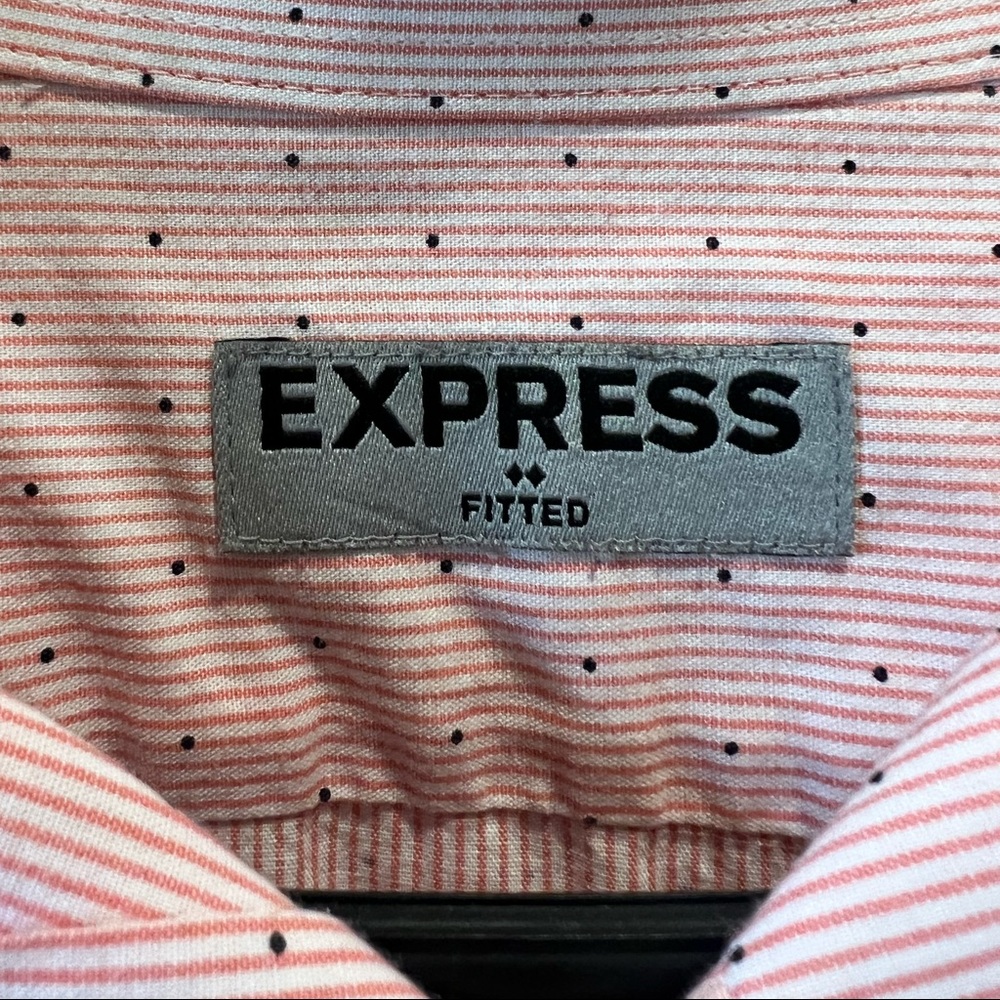 Mens dress shirt, Express brand button down subtle pink with black dots slim fit